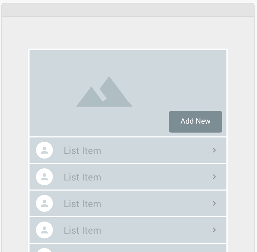 Screenshot of a template for a list of items in a mobile application. This mock up is to illustrate the common feature of lists with images seen in mobile apps. There is an image at the top and four blocks below with the word "List Item" on each block. 