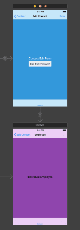 Screenshot of Xcode storyboard showing two mobile screens stacked on top of each other with an arrow pointing from the top one to the bottom. The to screen heading says "Edit Contact" and below on a royal blue background, in the middle has white text "Contact Edit Form" and a white rectangular box underneath with black text "Hire This Employee!" inside.
The screen below has a heading of "Employee" and a purple background below it with black text in the middle that says "Individual Employee". 
