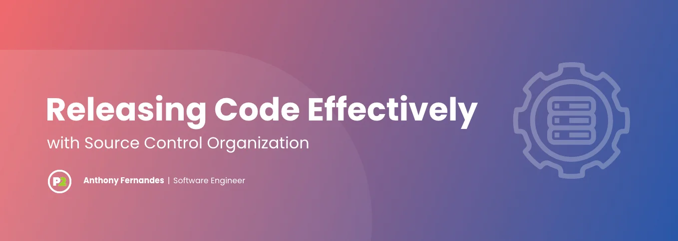 Blog header with title "Releasing Code Effectively with Source Control Organization" by Anthony Fernandes, Software Engineer. The background is a gradient from coral on the left to a more royal blue on the right, creating a purple effect throughout. The text is bold, white, left justified and on the right side is opaque white line art of a gear or cog with three rectangles in the middle of it, depicting the steps in a project management system.